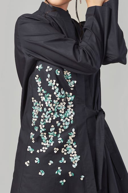 Shop_EK Dhaaga_Black Poplin, 100% Cotton Metallic Stand Collar Embellished Shirt _Online_at_Aza_Fashions
