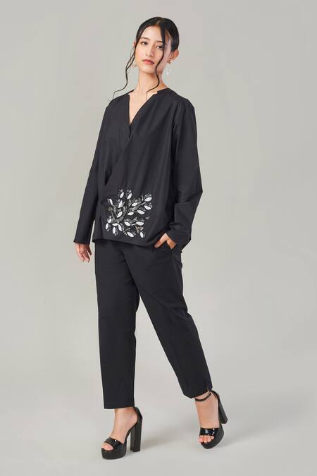 EK Dhaaga_Black Poplin, 100% Cotton Leaf V Neck Overlap Full Sleeve Shirt _Online_at_Aza_Fashions