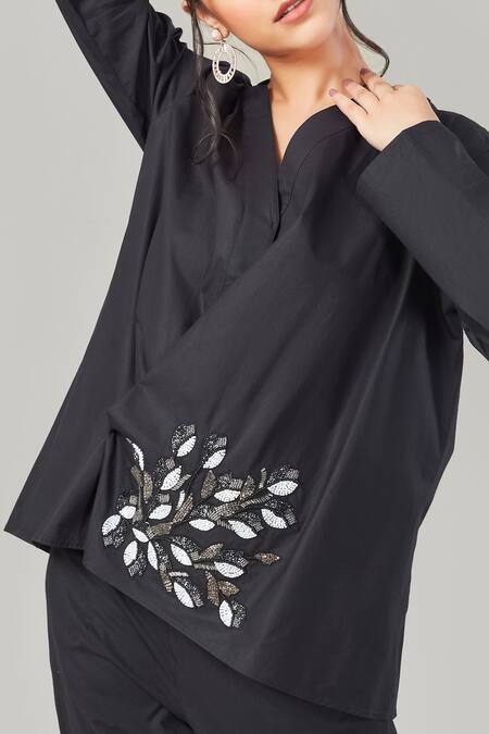 Shop_EK Dhaaga_Black Poplin, 100% Cotton Leaf V Neck Overlap Full Sleeve Shirt _Online_at_Aza_Fashions