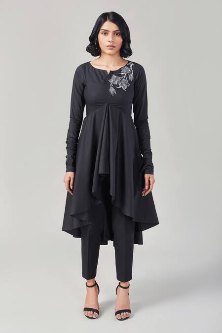 EK Dhaaga_Black Poplin, 100% Cotton Floral Notched Panelled Asymmetric Tunic _Online_at_Aza_Fashions