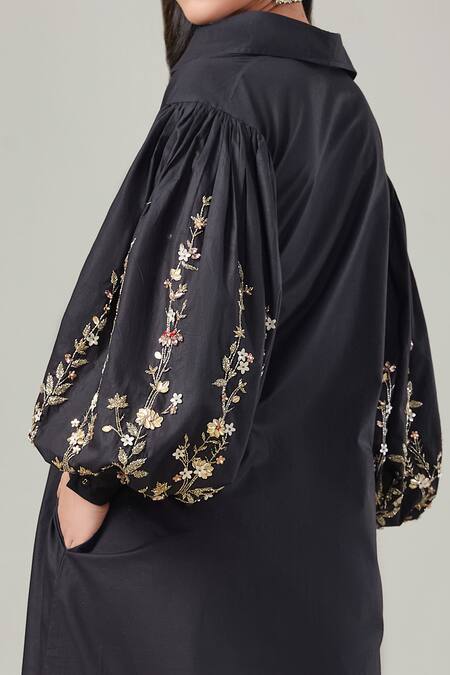 Shop_EK Dhaaga_Black Poplin, 100% Cotton Floral Shirt Collar Balloon Sleeve Embellished Dress _Online_at_Aza_Fashions