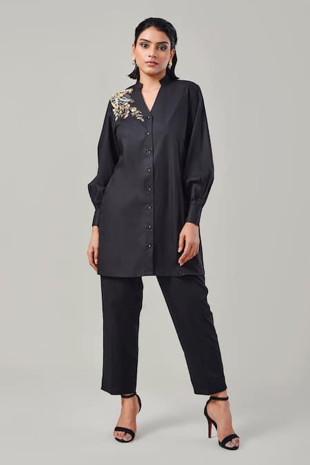 EK Dhaaga_Black Poplin, 100% Cotton Floral Mandarin Collar Button Down Long Shirt _Online_at_Aza_Fashions