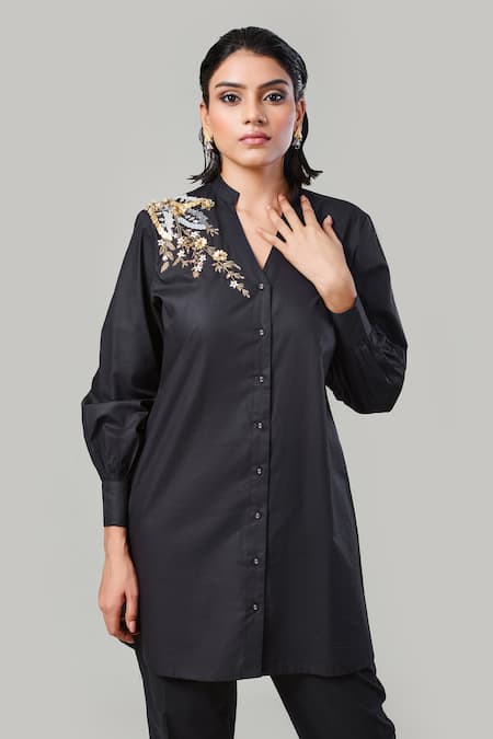 Buy_EK Dhaaga_Black Poplin, 100% Cotton Floral Mandarin Collar Button Down Long Shirt _Online_at_Aza_Fashions