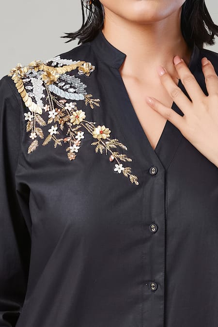Shop_EK Dhaaga_Black Poplin, 100% Cotton Floral Mandarin Collar Button Down Long Shirt _Online_at_Aza_Fashions