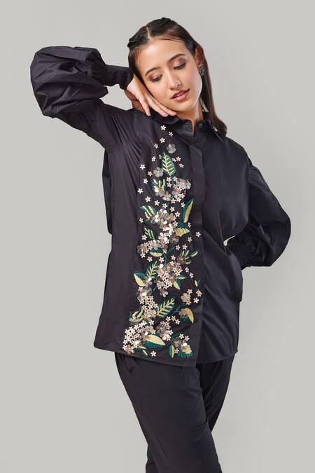 Buy_EK Dhaaga_Black Poplin, 100% Cotton Floral Shirt Collar Embellished Balloon Sleeve _Online_at_Aza_Fashions
