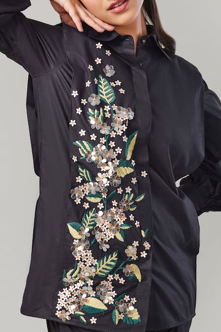Shop_EK Dhaaga_Black Poplin, 100% Cotton Floral Shirt Collar Embellished Balloon Sleeve _Online_at_Aza_Fashions
