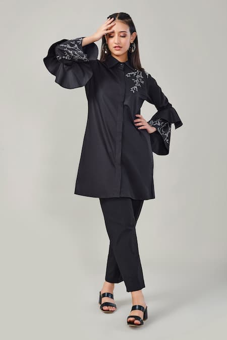 EK Dhaaga_Black Poplin, 100% Cotton Leaf Shirt Collar Embellished Bell Sleeve _Online_at_Aza_Fashions