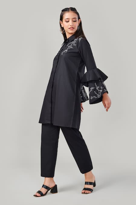 Buy_EK Dhaaga_Black Poplin, 100% Cotton Leaf Shirt Collar Embellished Bell Sleeve _Online_at_Aza_Fashions