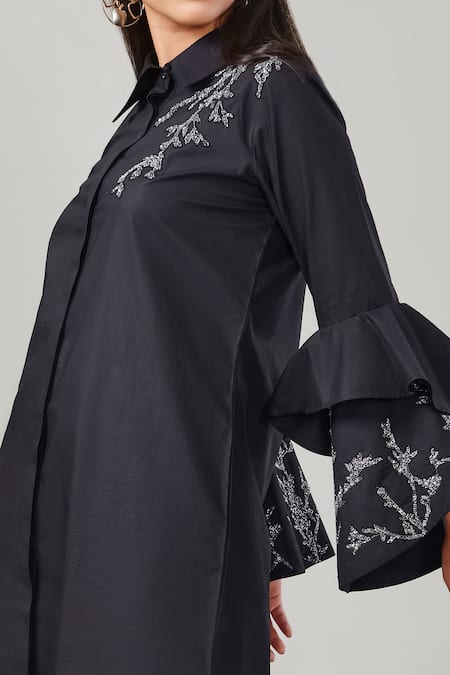 Shop_EK Dhaaga_Black Poplin, 100% Cotton Leaf Shirt Collar Embellished Bell Sleeve _Online_at_Aza_Fashions