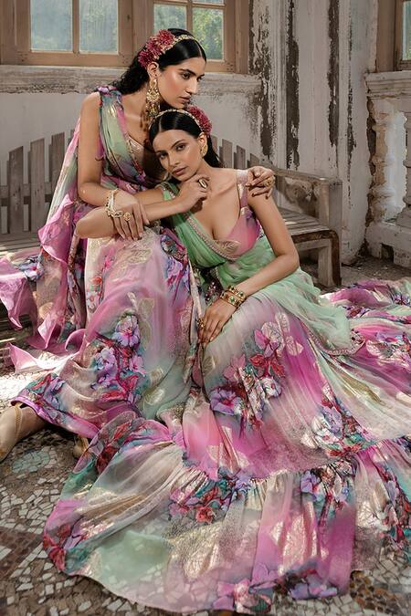 Amrin Khan_Purple Georgette Print And Embroidery Floral Ruffle Saree With Blouse  _at_Aza_Fashions