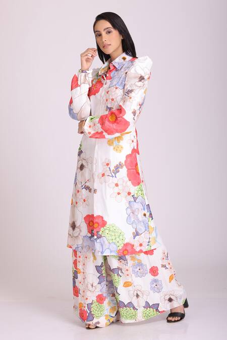 Buy Alpona Designs By Soham Acharya White Cotton Silk Floral Shirt Collar Print Tunic And Palazzo Set Online at Aza Fashions Buy_Alpona Designs By Soham Acharya_White Cotton Silk Floral Shirt Collar Print Tunic And Palazzo Set _Online_at_Aza_Fashions