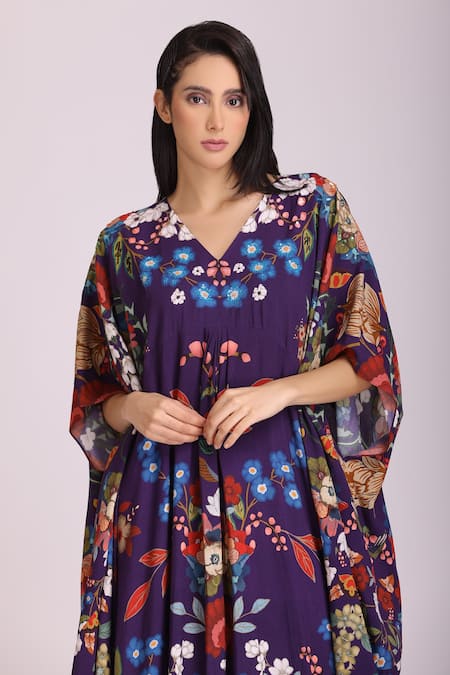Alpona Designs By Soham Acharya Blue Rayon Cotton Floral V Neck Print Gown Online at Aza Fashions Alpona Designs By Soham Acharya_Blue Rayon Cotton Floral V Neck Print Gown _Online_at_Aza_Fashions