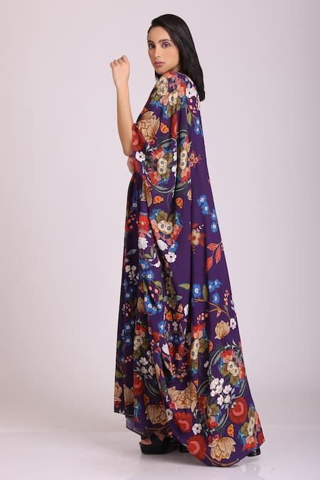 Buy Alpona Designs By Soham Acharya Blue Rayon Cotton Floral V Neck Print Gown Online at Aza Fashions Buy_Alpona Designs By Soham Acharya_Blue Rayon Cotton Floral V Neck Print Gown _Online_at_Aza_Fashions