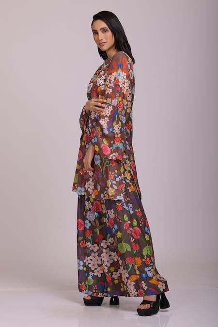 Buy_Alpona Designs By Soham Acharya_Brown Cotton Silk Floral Round Print Neck Tunic And Palazzo Set _Online_at_Aza_Fashions