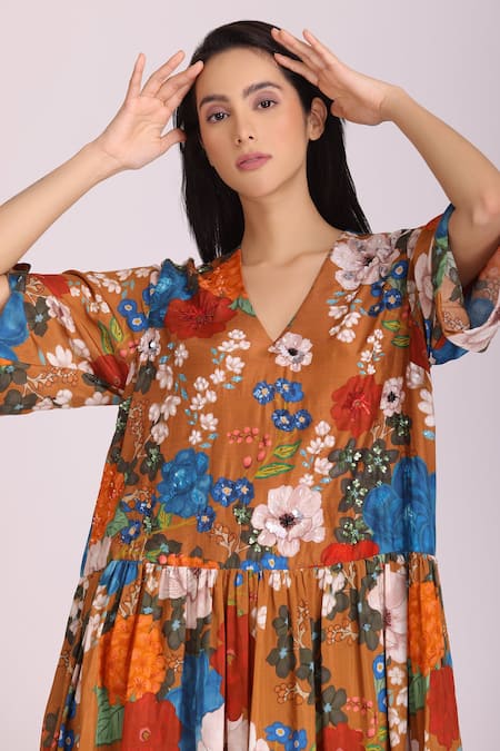Alpona Designs By Soham Acharya_Brown Cotton Silk Floral V Neck Print Dress _Online_at_Aza_Fashions