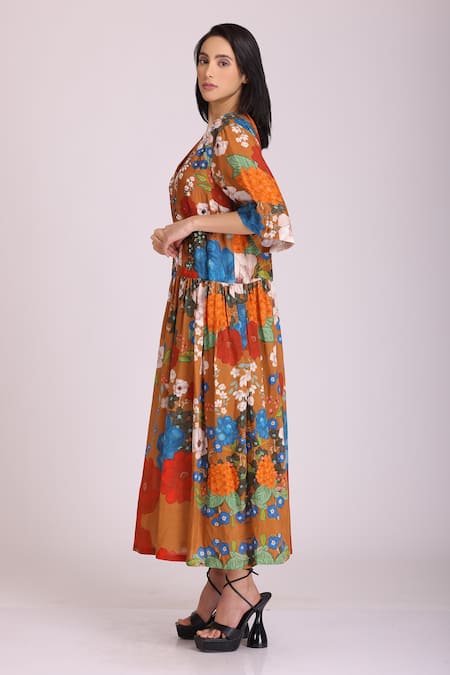 Buy_Alpona Designs By Soham Acharya_Brown Cotton Silk Floral V Neck Print Dress _Online_at_Aza_Fashions
