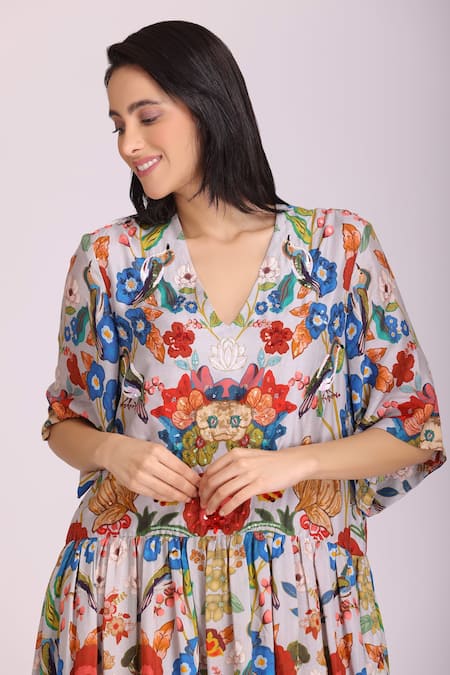 Alpona Designs By Soham Acharya Grey Cotton Silk Floral V Neck Print Midi Dress Online at Aza Fashions Alpona Designs By Soham Acharya_Grey Cotton Silk Floral V Neck Print Midi Dress _Online_at_Aza_Fashions