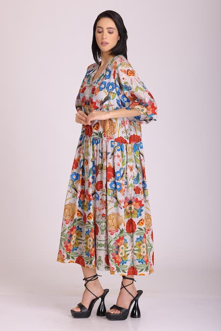 Buy Alpona Designs By Soham Acharya Grey Cotton Silk Floral V Neck Print Midi Dress Online at Aza Fashions Buy_Alpona Designs By Soham Acharya_Grey Cotton Silk Floral V Neck Print Midi Dress _Online_at_Aza_Fashions