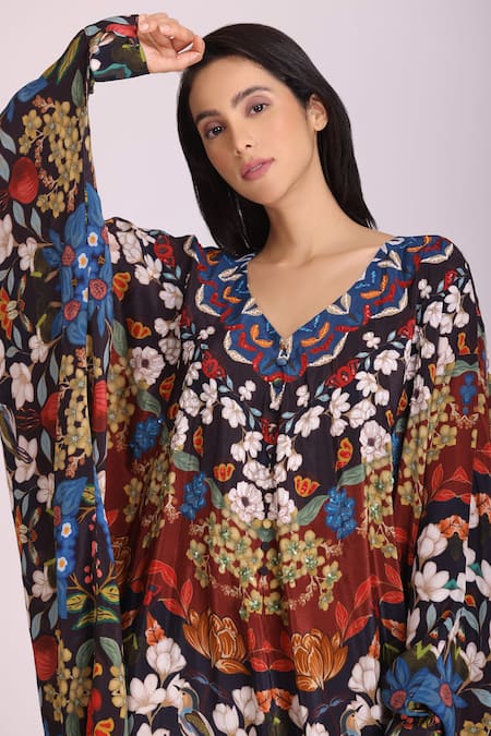 Alpona Designs By Soham Acharya_Multi Color Natural Crepe Floral V Neck Printed Dress _Online_at_Aza_Fashions