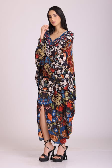 Buy_Alpona Designs By Soham Acharya_Multi Color Natural Crepe Floral V Neck Printed Dress _Online_at_Aza_Fashions