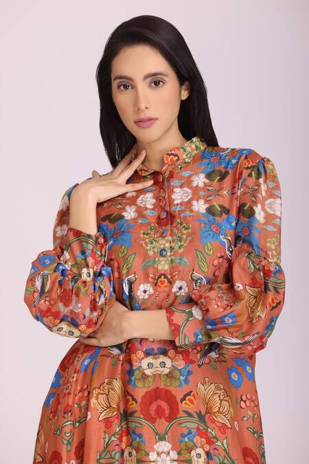 Alpona Designs By Soham Acharya_Brown Cotton Silk Floral Mandarin Collar Print Puff Sleeve Dress _Online_at_Aza_Fashions