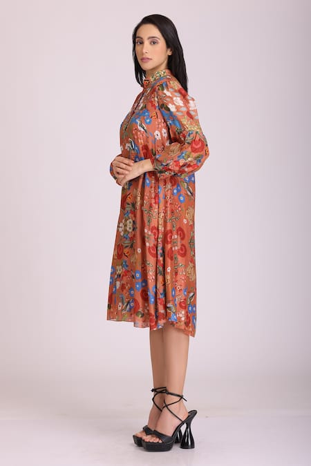 Buy_Alpona Designs By Soham Acharya_Brown Cotton Silk Floral Mandarin Collar Print Puff Sleeve Dress _Online_at_Aza_Fashions