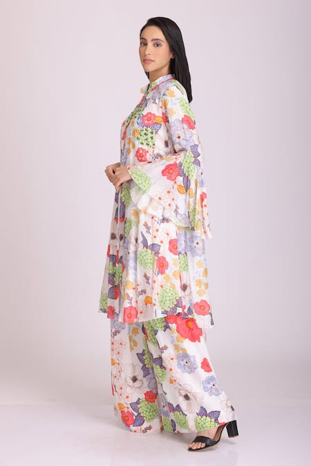 Buy_Alpona Designs By Soham Acharya_White Cotton Silk Floral Mandarin Collar Print Bell Sleeve Tunic And Palazzo Set _Online_at_Aza_Fashions