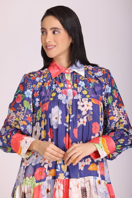 Alpona Designs By Soham Acharya_Blue Cotton Silk Floral Shirt Collar Print Dress _Online_at_Aza_Fashions