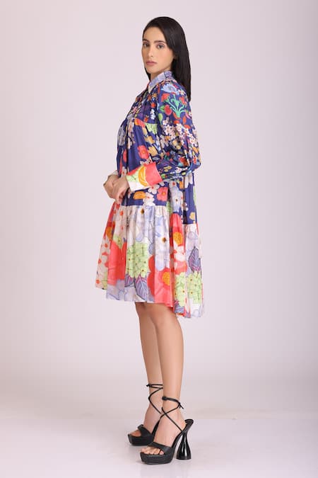 Buy_Alpona Designs By Soham Acharya_Blue Cotton Silk Floral Shirt Collar Print Dress _Online_at_Aza_Fashions