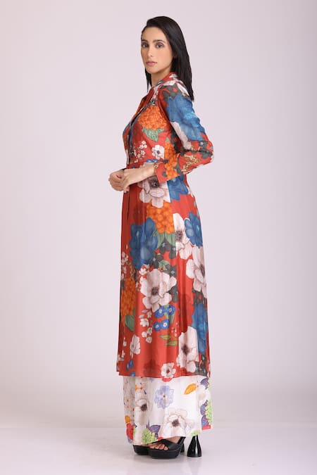 Buy_Alpona Designs By Soham Acharya_Brown Cotton Silk Floral Notched Print Jacket And Palazzo Set _Online_at_Aza_Fashions