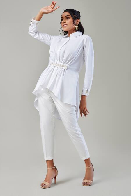 EK Dhaaga_White Poplin, 100% Cotton Sequin, Bead Shirt Collar Gathered High Low _Online_at_Aza_Fashions