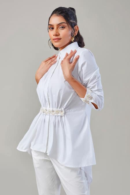 Buy_EK Dhaaga_White Poplin, 100% Cotton Sequin, Bead Shirt Collar Gathered High Low _Online_at_Aza_Fashions