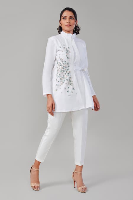 EK Dhaaga_White Poplin, 100% Cotton Metallic Stand Collar Panelled Embellished Shirt _Online_at_Aza_Fashions