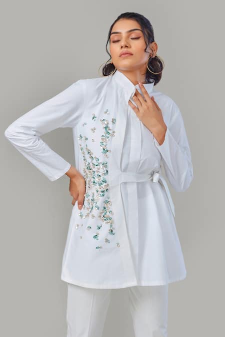 Buy_EK Dhaaga_White Poplin, 100% Cotton Metallic Stand Collar Panelled Embellished Shirt _Online_at_Aza_Fashions
