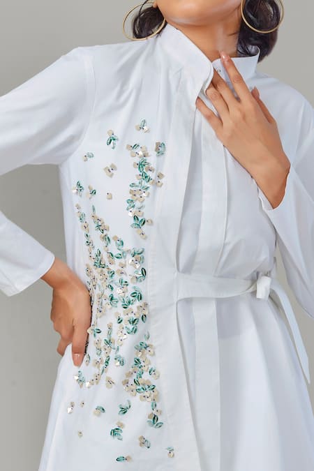 Shop_EK Dhaaga_White Poplin, 100% Cotton Metallic Stand Collar Panelled Embellished Shirt _Online_at_Aza_Fashions