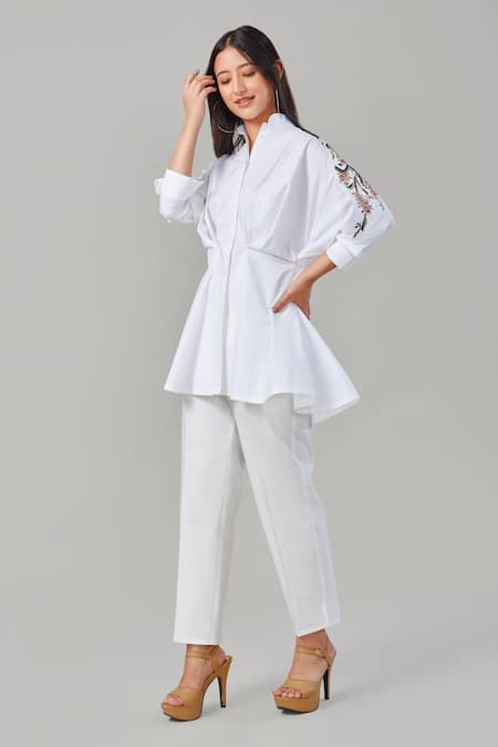 EK Dhaaga_White Poplin, 100% Cotton Floral Shirt Collar Embroidered Balloon Sleeve _Online_at_Aza_Fashions