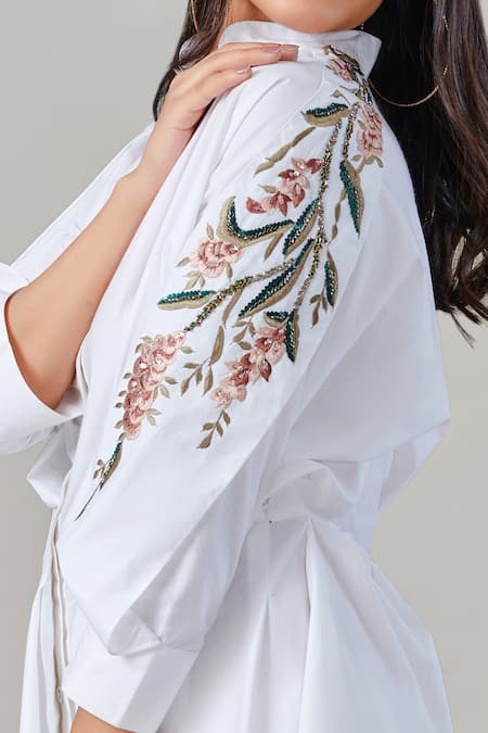 Shop_EK Dhaaga_White Poplin, 100% Cotton Floral Shirt Collar Embroidered Balloon Sleeve _Online_at_Aza_Fashions