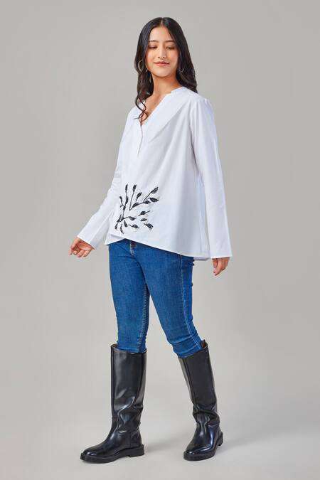 EK Dhaaga_White Poplin, 100% Cotton Leaf V Neck Overlap Full Sleeve Shirt _Online_at_Aza_Fashions
