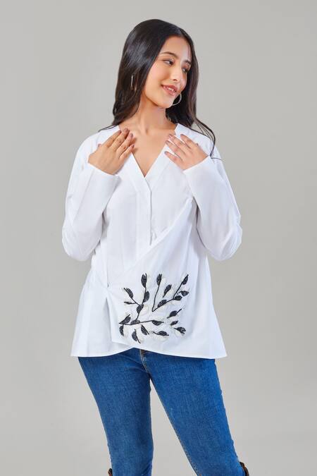 Buy_EK Dhaaga_White Poplin, 100% Cotton Leaf V Neck Overlap Full Sleeve Shirt _Online_at_Aza_Fashions