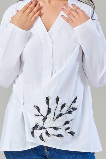 Shop_EK Dhaaga_White Poplin, 100% Cotton Leaf V Neck Overlap Full Sleeve Shirt _Online_at_Aza_Fashions