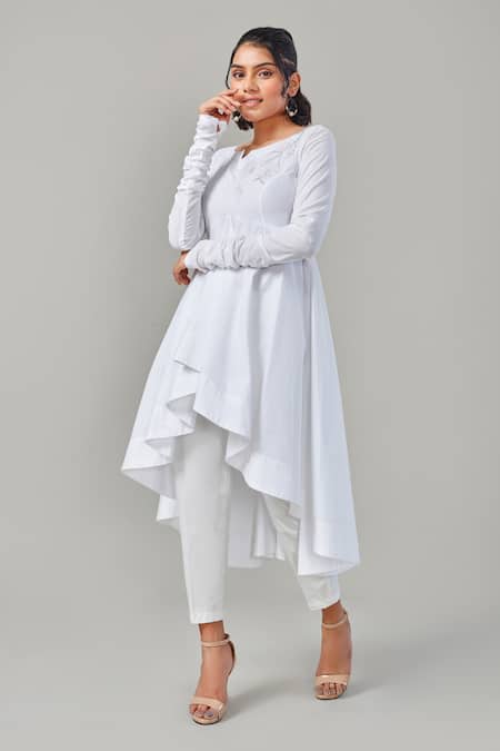 EK Dhaaga White Poplin, 100% Cotton Floral Notched Panelled Gathered Sleeve Dress Online at Aza Fashions EK Dhaaga_White Poplin, 100% Cotton Floral Notched Panelled Gathered Sleeve Dress _Online_at_Aza_Fashions