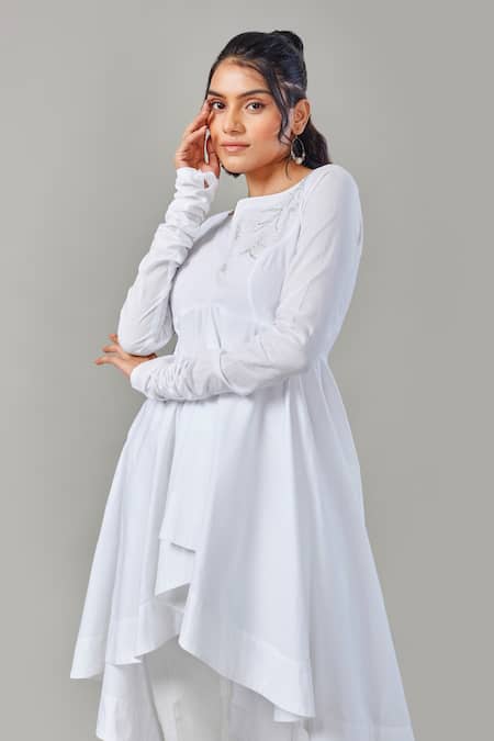 Buy EK Dhaaga White Poplin, 100% Cotton Floral Notched Panelled Gathered Sleeve Dress Online at Aza Fashions Buy_EK Dhaaga_White Poplin, 100% Cotton Floral Notched Panelled Gathered Sleeve Dress _Online_at_Aza_Fashions