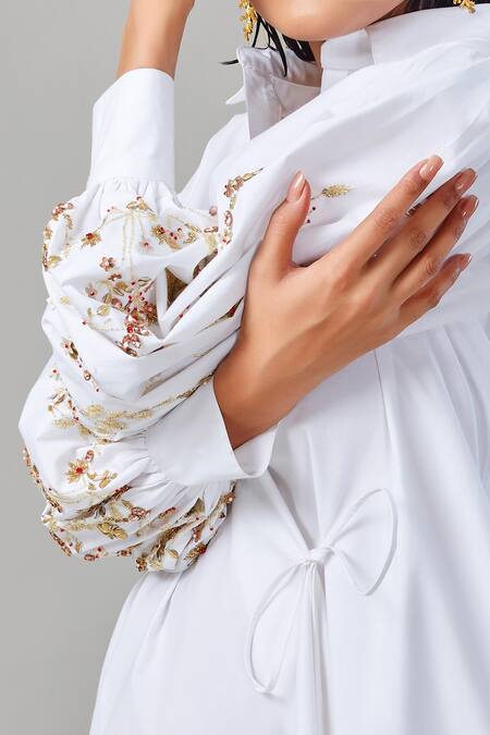 Shop_EK Dhaaga_White Poplin, 100% Cotton Floral Shirt Collar Embellished Balloon Sleeve Dress _Online_at_Aza_Fashions