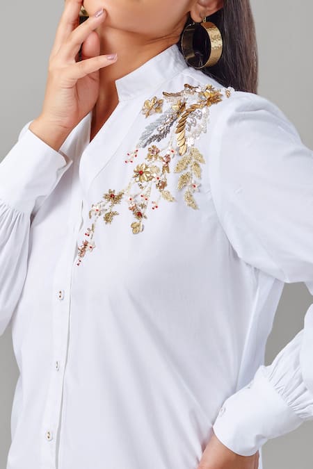 Shop_EK Dhaaga_White Poplin, 100% Cotton Floral Mandarin Button Down Puff Sleeve Long Shirt _Online_at_Aza_Fashions