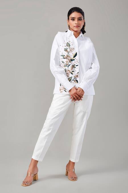 EK Dhaaga_White Poplin, 100% Cotton Floral Shirt Collar Panelled Embellished Cuff Sleeve _Online_at_Aza_Fashions