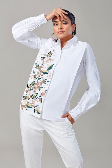 Buy_EK Dhaaga_White Poplin, 100% Cotton Floral Shirt Collar Panelled Embellished Cuff Sleeve _Online_at_Aza_Fashions