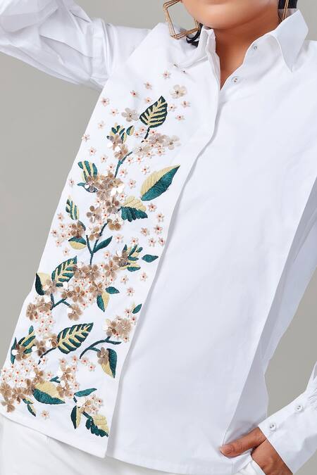 Shop_EK Dhaaga_White Poplin, 100% Cotton Floral Shirt Collar Panelled Embellished Cuff Sleeve _Online_at_Aza_Fashions