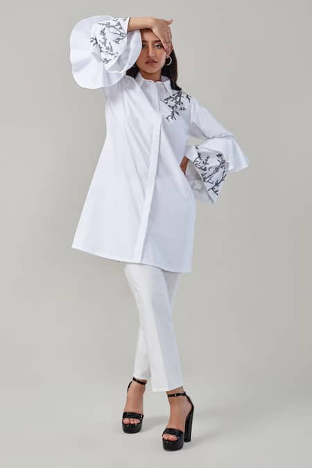 EK Dhaaga_White Poplin, 100% Cotton Leaf Shirt Collar Embellished Bell Sleeve Long _Online_at_Aza_Fashions