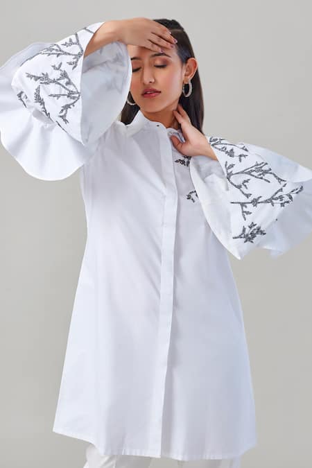 Buy_EK Dhaaga_White Poplin, 100% Cotton Leaf Shirt Collar Embellished Bell Sleeve Long _Online_at_Aza_Fashions