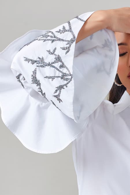 Shop_EK Dhaaga_White Poplin, 100% Cotton Leaf Shirt Collar Embellished Bell Sleeve Long _Online_at_Aza_Fashions